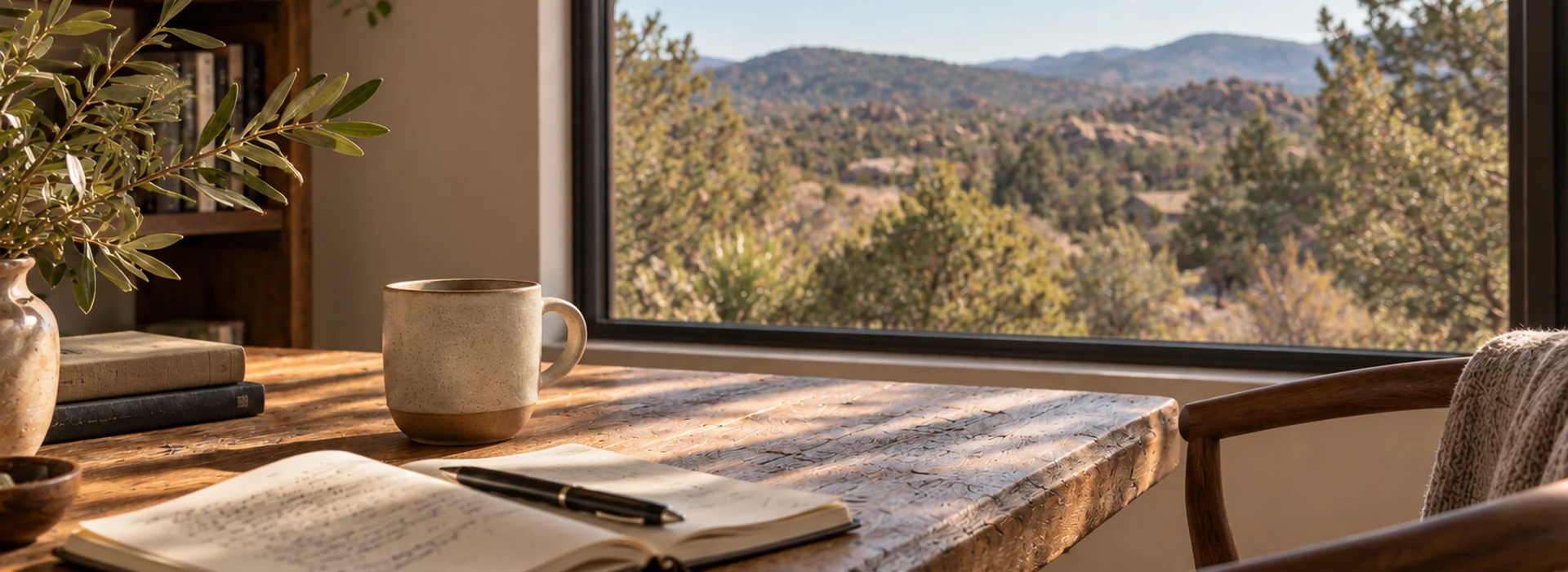 Warm, lived-in workspace with notebook, mug, and a subtle Prescott landscape view