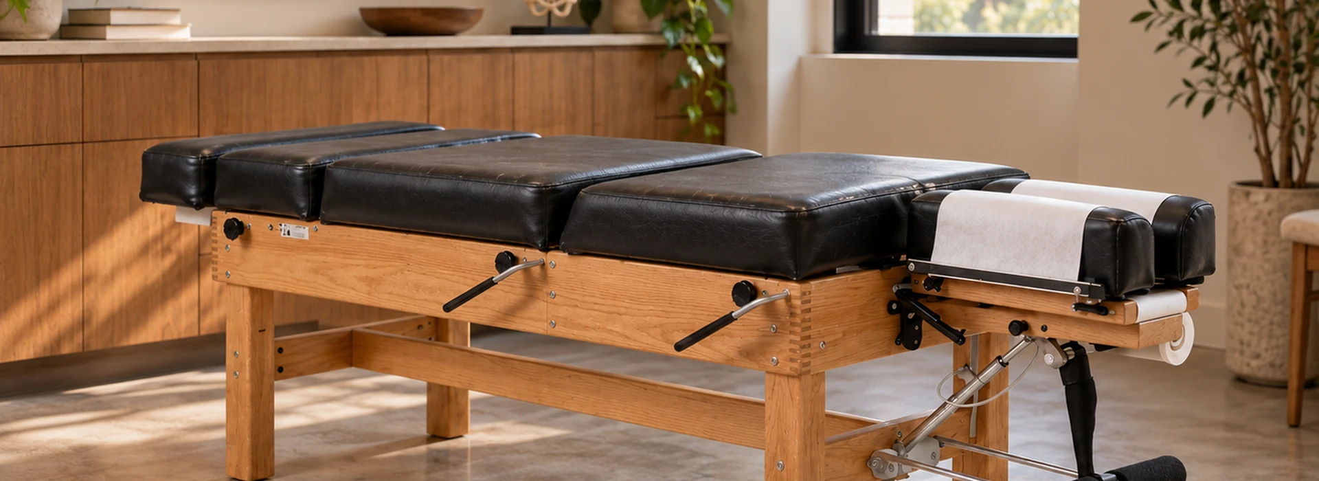 Warm, professional chiropractic treatment room with a traditional segmented adjustment table