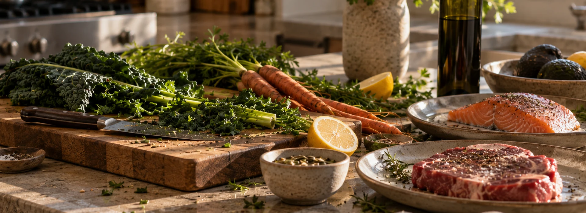 Whole-food meal preparation with vegetables, salmon, and steak in a warm kitchen